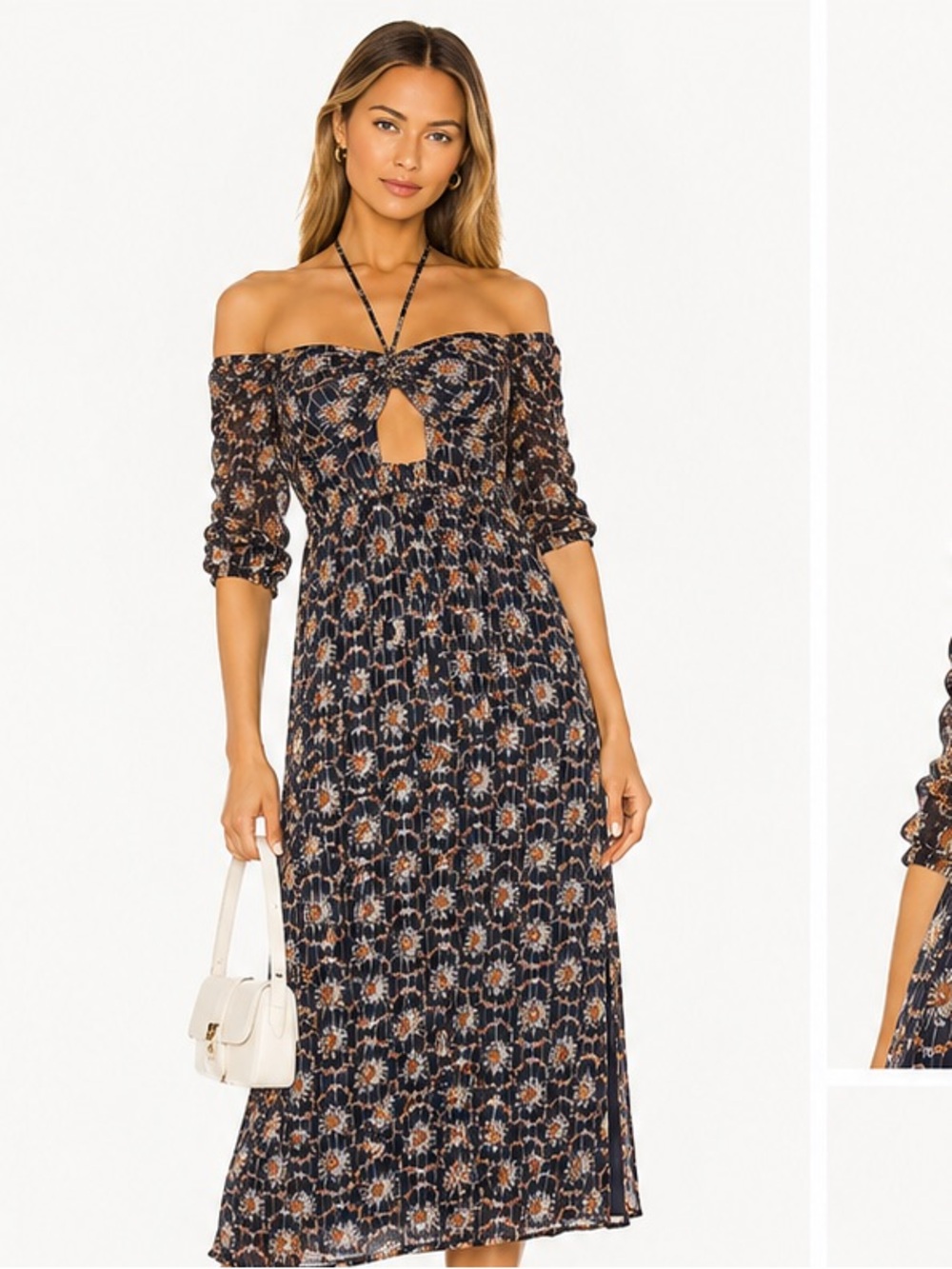 Club Monaco silk Floral Off-Shoulder Midi Dress with Halter Strap